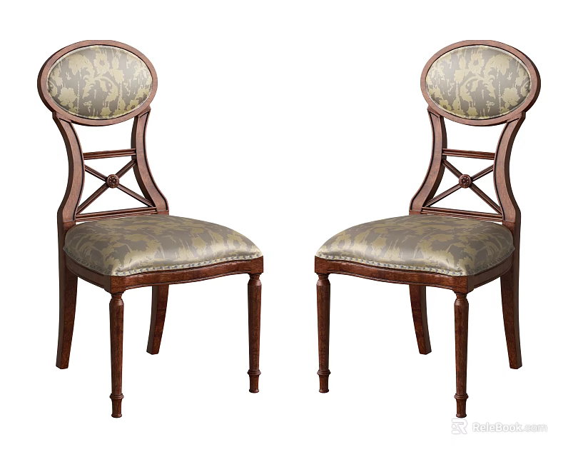 Elegant Traditional Dining Chairs With Wooden Frame Carved Backrest And Floral Pattern Upholstered Seat 3d model 
