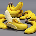 Fresh Ripe Yellow Banana Bunches With a Peeled One on Gray Background