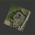 Whimsical Cartoon Scene Aerial View of Round Ruins Surrounded by Green Fields and Road
