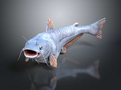 3D Model Fish With Gray Body And Orange Fins Open Mouth Whiskers Dark Background Reflection 3d model