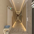 Hotel Corridor Interior With Warm Lighting Patterned Carpet Room Doors And Wall Art 3d model