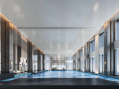 Modern Spacious Indoor Swimming Pool Interior With Bright Lighting Large Windows And Tiled Floor 3d model