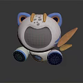 Cartoon Style Cute Gray Robot Character With Blue Ears Yellow Horns Wings And Glowing Eyes