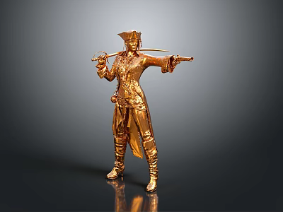 Golden Woman Statue Wearing Elaborate Costume Holding Sword in Standing Warrior Pose 3d model