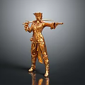 Golden Woman Statue Wearing Elaborate Costume Holding Sword in Standing Warrior Pose