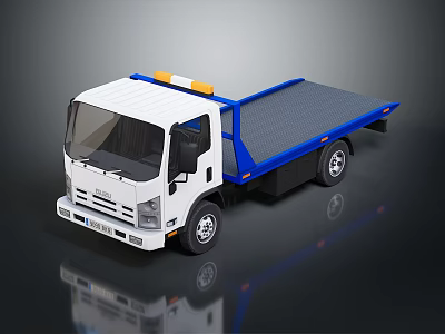 White Cab Blue Flatbed Truck With Yellow Warning Lights And Modern Reflective Surface 3d model
