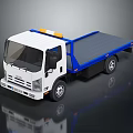 White Cab Blue Flatbed Truck With Yellow Warning Lights And Modern Reflective Surface