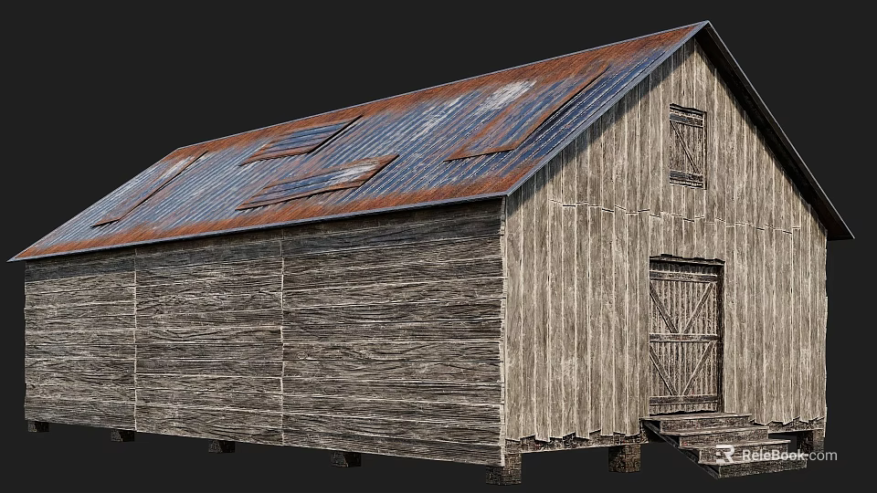 Old Barn Building With Rustic Wooden Structure Rusted Metal Roof Wooden Door And Steps 3d model 
