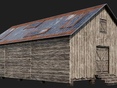 Old Barn Building With Rustic Wooden Structure Rusted Metal Roof Wooden Door And Steps 3d model