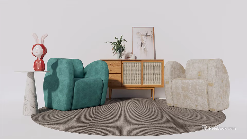 Teal And Beige Single Sofa Interior With Wooden Cabinet Potted Plant Decorative Painting Round Rug 3d model 