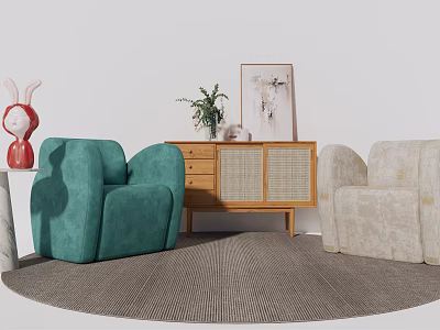 Teal And Beige Single Sofa Interior With Wooden Cabinet Potted Plant Decorative Painting Round Rug 3d model