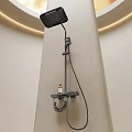 Modern Shower Head with Handheld Shower Coiled Hose and Shelf for Toiletries in Minimalist Bathroom