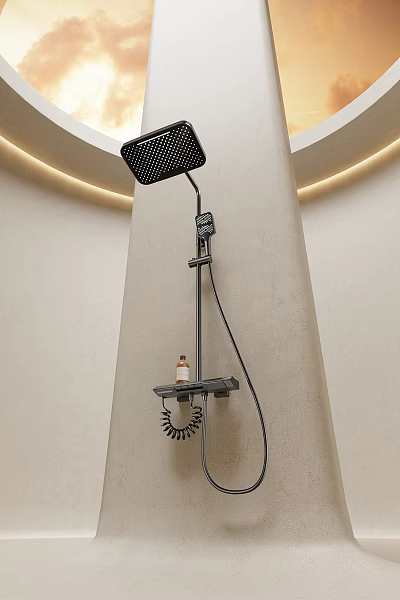 Modern Shower Head with Handheld Shower Coiled Hose and Shelf for Toiletries in Minimalist Bathroom 3d model
