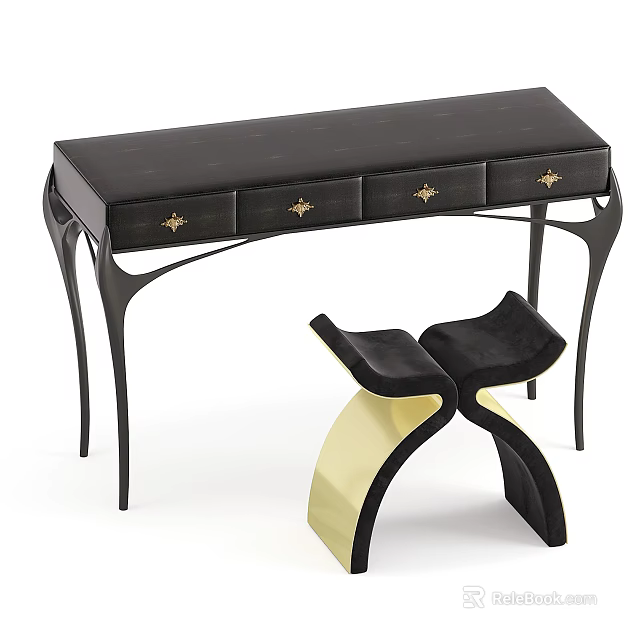 Modern Black Dressing Table With Leather Top And Gold Accent Drawers And Matching Stool 3d model 