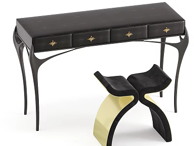 Modern Black Dressing Table With Leather Top And Gold Accent Drawers And Matching Stool 3d model