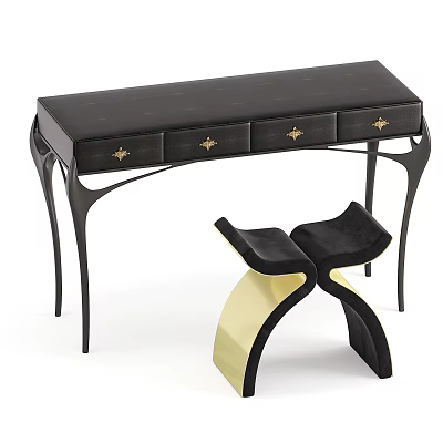 Modern Black Dressing Table With Leather Top And Gold Accent Drawers And Matching Stool 3d model