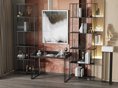 Modern Black Metal Bookshelf With Books Decorations And Wall Art In Interior 3d model