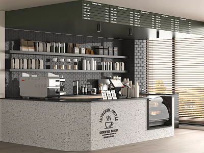 Modern Café Interior With Green Ceiling Menu Boards Coffee Beans On Shelves And Terrazzo Counter 3d model