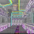 Indoor Amusement Park With Neon Lights Pink And Blue Decorations Bright Lighting Interactive Game Zones