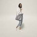 Smiling woman in white shirt and jeans holding handbag standing against light background