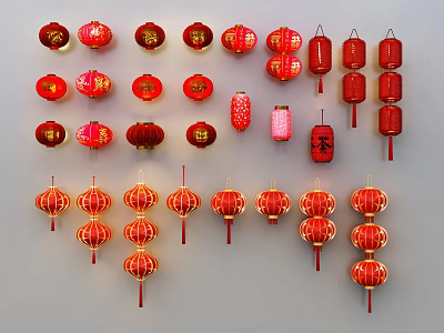 Traditional Red Chinese Lanterns With Various Decorative Styles Arranged On Grey Background 3d model