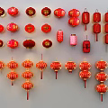 Traditional Red Chinese Lanterns With Various Decorative Styles Arranged On Grey Background