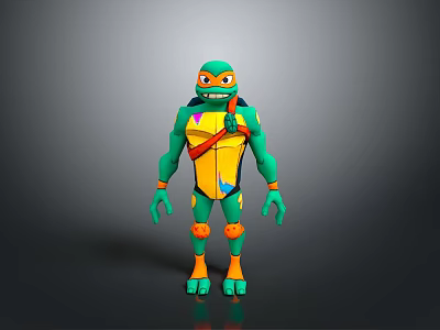 3D Ninja Turtle Character With Green Body Orange Armor And Yellow Belt Design 3d model