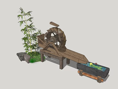 Courtyard Garden With Wooden Waterwheel Bamboo Small Pond Water Lilies And Stones 3d model