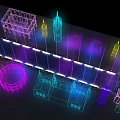 Colorful Neon Outline Buildings With Spires And Tower Structures In Night Scene
