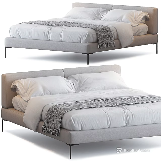 Modern Light Gray Upholstered Double Bed With White Sheets And Cozy Blanket 3d model