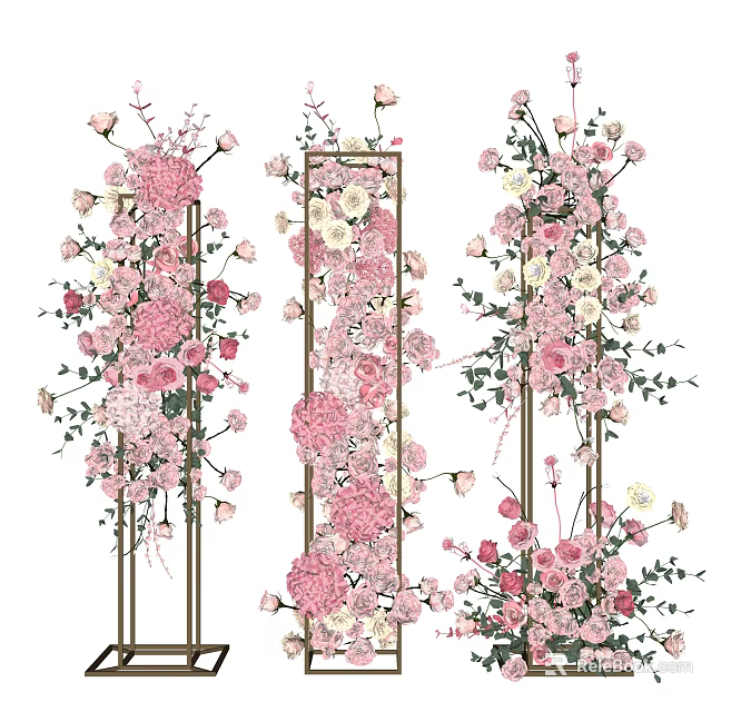 Elegant Floral Display with Vertical Stands Pastel Pink White Blooms and Green Foliage 3d model 