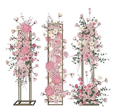 Elegant Floral Display with Vertical Stands Pastel Pink White Blooms and Green Foliage 3d model