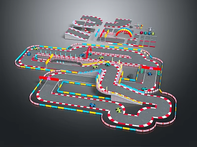 3D Designed Kart Racing Track With Curved Paths Colorful Guardrails And Racing Cars 3d model