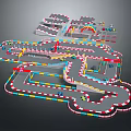 3D Designed Kart Racing Track With Curved Paths Colorful Guardrails And Racing Cars