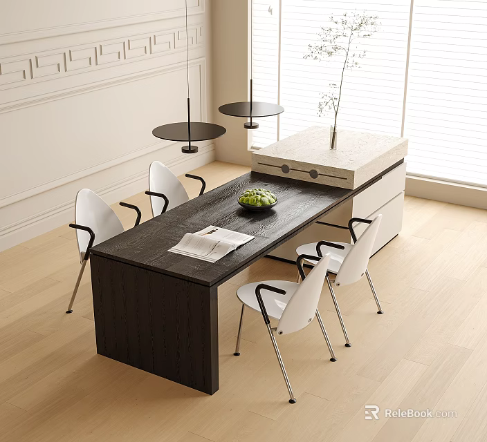 Modern Restaurant Interior With Dark Dining Table White Chairs Pendant Lights And Window Decor 3d model 