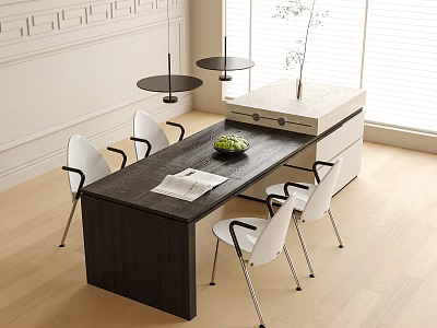 Modern Restaurant Interior With Dark Dining Table White Chairs Pendant Lights And Window Decor 3d model