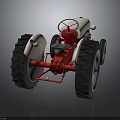 3D Model White And Red Tractor With Large Tires On Black Background And Reflections