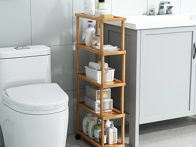 Bamboo Multi tier Bathroom Storage Shelf with Toiletries Next to Toilet and Sink 3d model