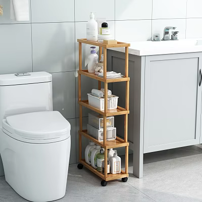 Bamboo Multi tier Bathroom Storage Shelf with Toiletries Next to Toilet and Sink 3d model