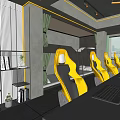Modern Hotel Guest Room With Yellow Seats And TV Screens In Lounge Area