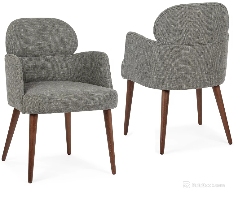 Modern Upholstered Gray Dining Chair With Wooden Legs And Armrest Design 3d model 