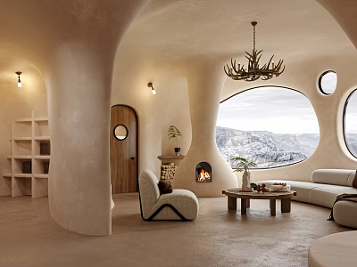 Organic Living Room Interior With Curved Walls Dome Ceiling Chandelier Large Windows Mountain View Fireplace 3d model