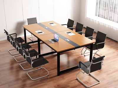 Wooden Conference Table With Black Chairs Laptop And Documents In Bright Room 3d model