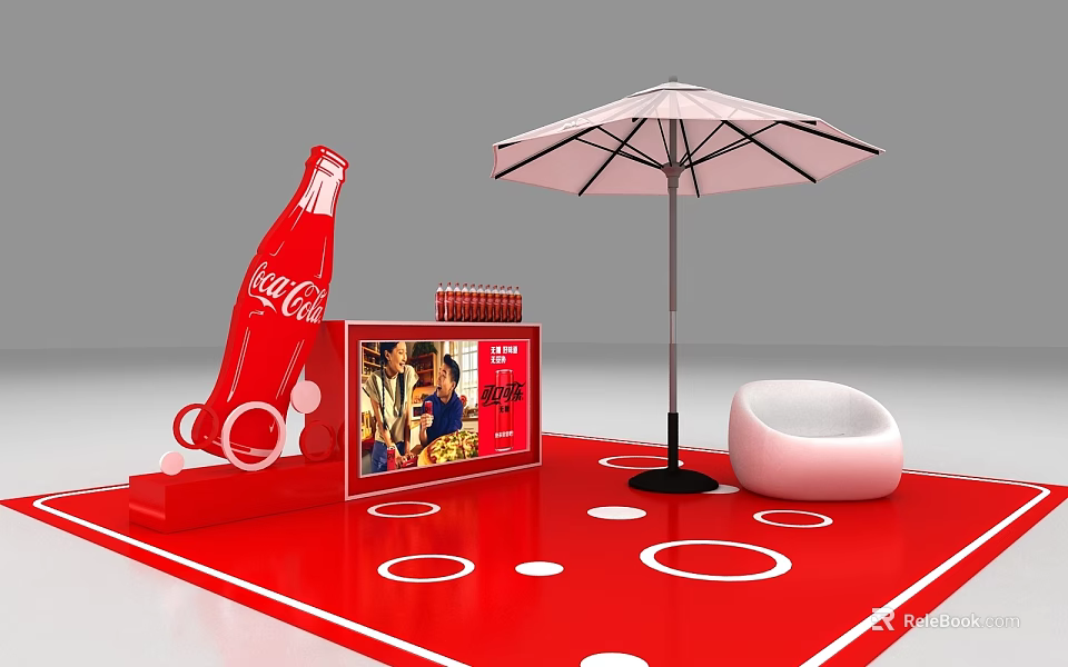 Coca-Cola Branded Outdoor Display Area With Red Background White Umbrella Display Cabinet And White Circles 3d model 