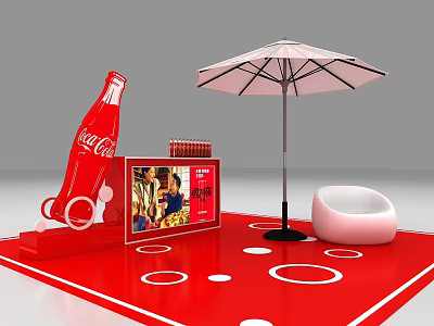 Coca-Cola Branded Outdoor Display Area With Red Background White Umbrella Display Cabinet And White Circles 3d model