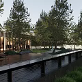 Serene Garden Landscape With Lush Trees Wooden Platform Grass Traditional Pavilion Lighting and People Walking