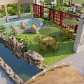 Park Landscape with Circular Ponds Lush Greenery Winding Paths and Wooden Pavilion
