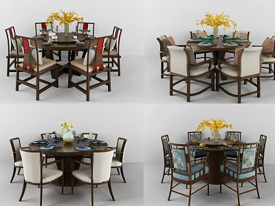 Stylish Wooden Dining Table Set With Colorful Chairs Yellow Flower Bouquets And Tableware 3d model