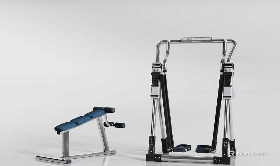 Blue Padded Workout Bench And Multi Functional Pull Up Bar Station For Home Gym 3d model 