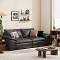 Modern Living Room Interior With Black Leather Sofa Throw Pillows Floor Lamp And Decorative Shelves
